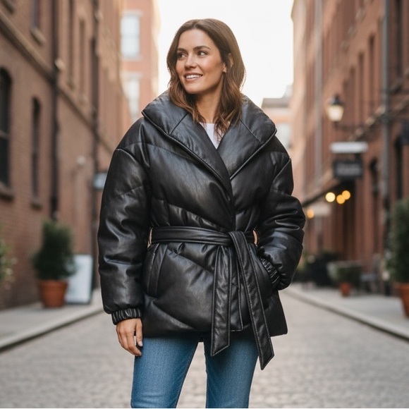 NWT Blank NYC Black Vegan Leather Puffer Belted Jacket Fall Winter Warm - Picture 2 of 12